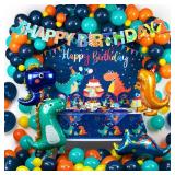 HJINGY 265 PCS Dinosaur Party Decorations, Blue Dinosaur Birthday Party Supplies for Boys Include Dino Balloons, Customized Backdrop, Happy Birthday Banner, Tablecloth, Plates, Cake Toppers