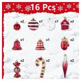 Christmas Ornaments, 16Pcs Red and White Christmas Ornaments Set with Hanging Strings Ideal for Christmas Tree Decorations and Indoor Accents
