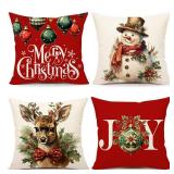 4TH Emotion Christmas Pillow Covers 18x18 Set of 4 Red White Farmhouse Xmas Decorations Snowman Deer Joy Winter Holiday Decor Throw Cushion Case for Home Couch S24C04