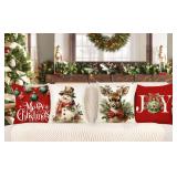 4TH Emotion Christmas Pillow Covers 18x18 Set of 4 Red White Farmhouse Xmas Decorations Snowman Deer Joy Winter Holiday Decor Throw Cushion Case for Home Couch S24C04