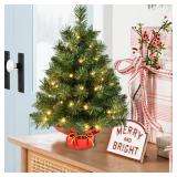 Pre-lit 2ft Small Christmas Tree, Leeheeyee Artificial mini Christmas Tree with 50 LED Lights, Battery Operated Tabletop Xmas Tree with Burlap Base for Table Desk Home Christmas Decor