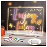 LED Note Board with Colors, 13.7X10 6 Modes & 8 Colors Acrylic Dry Erase Boards with Light, Include Adapter, Hanging Chain, Led Drawing Board for Kids with Stand,7 Markers, Spray Bottle