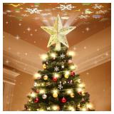 Christmas Tree Topper Star Lighted with 32FT Decorative Lights, Christmas Star Tree Topper with 6 Patterns Projector, Gold Tree Topper with 3D Glitter LED Rotating Warm Lights for Christmas Decoration