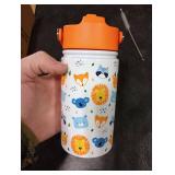 Kids Water Bottle with Straw Lid - 12 Oz Insulated Stainless Steel Animal Water Bottles for Kid Boys Girls - Travel Cup for School Sports