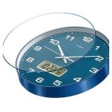 TIMESS Wall Clock, 12 Dial Non-Ticking Silent Battery Operated Analog with LCD Display for Perpetual Calendar and F° Temperature, Ideal Modern Home, Bedroom, Kitchen, Office Decor (Blue)