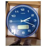 TIMESS Wall Clock, 12 Dial Non-Ticking Silent Battery Operated Analog with LCD Display for Perpetual Calendar and F° Temperature, Ideal Modern Home, Bedroom, Kitchen, Office Decor (Blue)