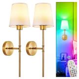 Depuley Battery Operated Wall Sconce: Set of 2 Wireless Wall Lights with Remote for Bedroom - Rechargeable 15 Colors Gold Wall Lamp for Living Room Hallway