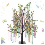 Huquary Mardi Gras Bead Tree Decor 23.6 Inch Lighted Tabletop Birch Tree with 20 Mardi Gras Beads Purple Gold Green for Fireplace Mantel Table Centerpiece Carnival Events Party Decoration