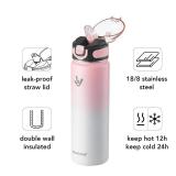 Enerbone 24 oz Insulated Water Bottle, Stainless Steel Bottle with Carrying Strap, Double-Wall Vacuum Insulation Design, Leakproof Sports Bottle with Straw, Keep Drinks Cold or Hot for Hours