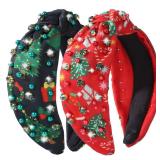IDDFEVE 2Pcs Christmas Headbands for Women Red & Green Christmas Tree Rhinestone Knotted Hair Hoops, Winter Crystal Pearl Xmas Accessory for Holiday