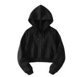 LOFAAC Women Fleece Full Zip Up Cropped Hoodie Sweatshirt 90s Long Sleeve Drawstring Hooded Crop Jacket Top(L,US,Women,Black)