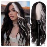 Sabosi Long Wavy Black White Wigs for Women 26 Inch Middle Part Curly Wavy Wig Natural Looking Synthetic Heat Resistant Fiber Wig for Daily Party Use