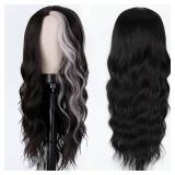 Sabosi Long Wavy Black White Wigs for Women 26 Inch Middle Part Curly Wavy Wig Natural Looking Synthetic Heat Resistant Fiber Wig for Daily Party Use