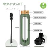 FULBEVY 32 oz Glass Water Bottles - 1 Liter Motivational Tumbler With Time Marker - Borosilicate Glass With Silicone Sleeve and 2 Lids, Handle Spout & Bamboo Straw Lid