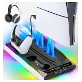 PS5/Slim/Pro Stand for Disc & Digital Console, PS5 Cooling & Charging Station with RGB Lights, PS5 Controller Charger Built-in 3 Level & AUTO Adjustable Fan, PS5/Slim/Pro Accessories Comes 3 USB Ports