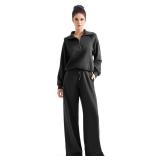 SUUKSESS Womens  Lounge  Half Zip Oversized Sweatshirts (Black, S) TOP ONLY