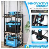 PLUSINNO 3 Tier Fishing Rod Holder, Fishing Pole Holders for Garage, Fishing Rod Rack Fishing Rod Storage Up to 8 Rods, Fishing Gear Tackle Box Fishing Equipment Organizers, Fishing Gifts for Men