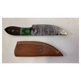 Handcrafted Damascus Steel Full Tang Hunting/Fishing Knife with Leather Sheath approx 8.5 inches