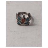 Turquoise and Coral Butterfly Ring