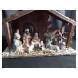 Ceramic Nativity Scene with Wooden Stable