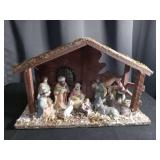 Ceramic Nativity Scene with Wooden Stable