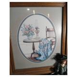 Victorian Style Victorian Porcelain Doll with Wood Framed Still Life Print