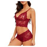 Lilosy Sexy Women Floral Lace Pajamas Lingerie Set High Waist Sheer Sleepwear See Through Nightwear Cami Shorts Bra and Panty 2 Piece Burgundy Red X-Large