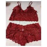 Lilosy Sexy Women Floral Lace Pajamas Lingerie Set High Waist Sheer Sleepwear See Through Nightwear Cami Shorts Bra and Panty 2 Piece Burgundy Red X-Large