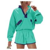 Nirovien Athleisure Workout Sets for Women Sweat Sets Sweatsuits Two Piece Outfits Sweatshirt and Shorts Women(Lake Green,M)