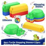 16 Pcs Balance Beam and Stepping Stones for Kids - 4 Turtle Shape Stepping Stones and 12 Connectable Beams with Sound Feature,Color Spinner, Riddle Cards, Fun Balance Training and Obstacle Course