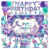 Mermaid Birthday Decorations Includes Banner, Backdrop, Foil & Latex Balloons, Paper Pompoms, Hanging Swirls, Cake & Cupcake Toppers, Honeycomb Centerpieces for Kids Girls Mermaid Party Decorations