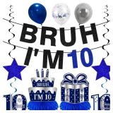 Kuxriox 11Pcs 10th Birthday Decorations for Boys Men, Blue Sliver Happy 10th Birthday Banner, Bruh I