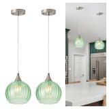 Brushed Nickel Pendant Lights Kitchen Island, Globe Pendant Light Fixtures with 8 Inch Clear Glass Shade, Modern Hanging Light Fixtures for Kitchen, Bedroom (2 Pack - Green Glass Pendant Light)