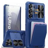 SSLOTSCASE for Samsung Galaxy S25 Ultra Case with 2X Screen Protector, Stand & Credit Card Holder & Sliding Camera Cover, Full-Body Drop Proof Silicone Edge Protective Cover for S25 Ultra, Blue