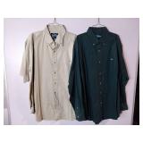 APPEARS NEW - Tri-Mountain Cotton Button Down Shirts, Khaki & Hunter Green (Size Large) Set of 2