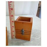 Art Deco Wooden business card Box with Metal Figure pen holder paper pad note holder