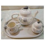 White Ceramic Double Creamer Set with Leaf Design with wood tray with large ceramic  tea kettle