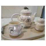 White Ceramic Double Creamer Set with Leaf Design with wood tray with large ceramic  tea kettle