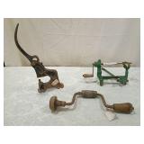 Hand Crank potatoe Peeler and Wood Handle Brace and hand drill