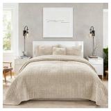 $145 Oversized King Velvet Quilt Set 120x128 with 2 Shams 3pcs Beige