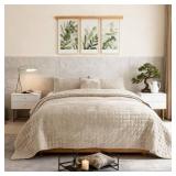 $145 Oversized King Velvet Quilt Set 120x128 with 2 Shams 3pcs Beige