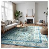 $76 Zentavio 8x10 Washable Area Rug, Vintage Non-Slip Floral Blue