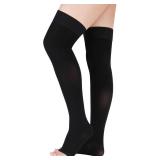 Lin Performance 15-20 mmHg Medical Compression Stockings for Women and Men Thigh High Dot-Top Open Toe Socks for Varicose Vein Swollen legs Travel Flight Pregnant(Black,XXL) - Retail: $15