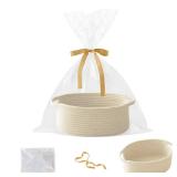 Small Woven Rope Basket-Empty Gifts Basket with Bag and Ribbons, Cute Handle Organizer Box for Birthday/Baby Shower, Toy Storage, Nursery Organizing & Shelf Decor(Cream) - Retail: $13