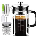 French Press Coffee Maker 304 Stainless Steel Coffee Press, with 4 Filters System, Heat Resistant Thickness Borosilicate French Press Glass, BPA-Free Brewed Tea Pot Coffee Plunger - Retail: $20