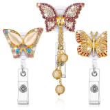 3 Pieces Butterfly Badge Reels Retractable Rhinestone Nurse Badge Holders Butterfly ID Name Tag Holder Reels with Alligator Clips and Belt Clips for Teachers Students Volunteers and Employees - Retail