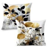 Black and Gold Botanical Pillow Covers 18x18 Set of 2, Abstract Modern Decorative Throw Pillow Covers for Living Room Bedroom, Modern Home Decor, Black and Gold Bedroom Living Room Decor - Retail: $15