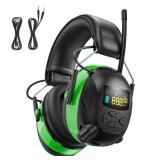 2025 AM/FM Radio Ear Protection Headphones with Backlit Digital Display, 120H Working Time, Rechargeable Hearing Protector, 30dB Noise Reduction Safety Earmuffs for Mowing, Construction, Work, Green -