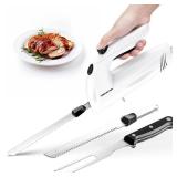 Electric Knife for Carving Meat, Turkey, Bread, 150W Electric Knife Set with 2 Serrated Stainless Steel Blades & Serving Fork for Slicing Poultry, Ham & More, Ergonomic Handle & Safety Lock - Retail: 