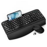 Wireless Keyboard and Mouse Combo, Wave Keys Full-Sized Ergonomic Keyboard with Cushioned Plam Rest, Phone Holder, Comfortable Natural Typing, 2.4G Cordless Set for Computer, Laptop, PC, Mac, Windows 